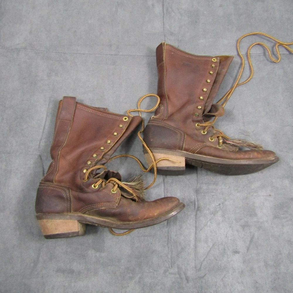 USA Work Boots Mens Size 8 Brown Leather Lace Up Kiltie Logger Vintage